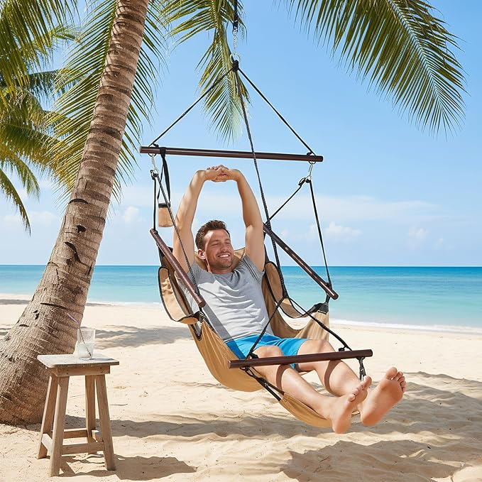 ONCLOUD Upgraded Unique Hammock Hanging Sky Chair, Air Deluxe Swing Seat with Rope (Tan)