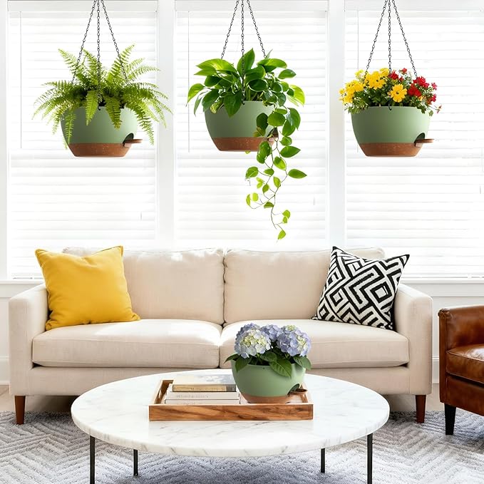 Set of 3-10 Inch Self Watering Hanging Planters for Indoor & Outdoor，Hanging Plant Pots with Drainage & Removable Tray, Hanging Pots Holder for Ivy, Ferns, Balcony & Patio, Green and Brown