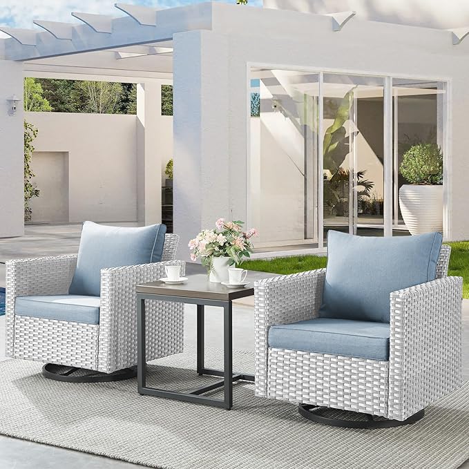 Belord Outdoor Bistro Set 3 Piece Wicker Swivel Rocker Patio Chairs, Oversize Outdoor Rattan Seating Set, Patio Swivel Glider Chairs Wicker Furniture with Metal Side Table for Porch Backyard