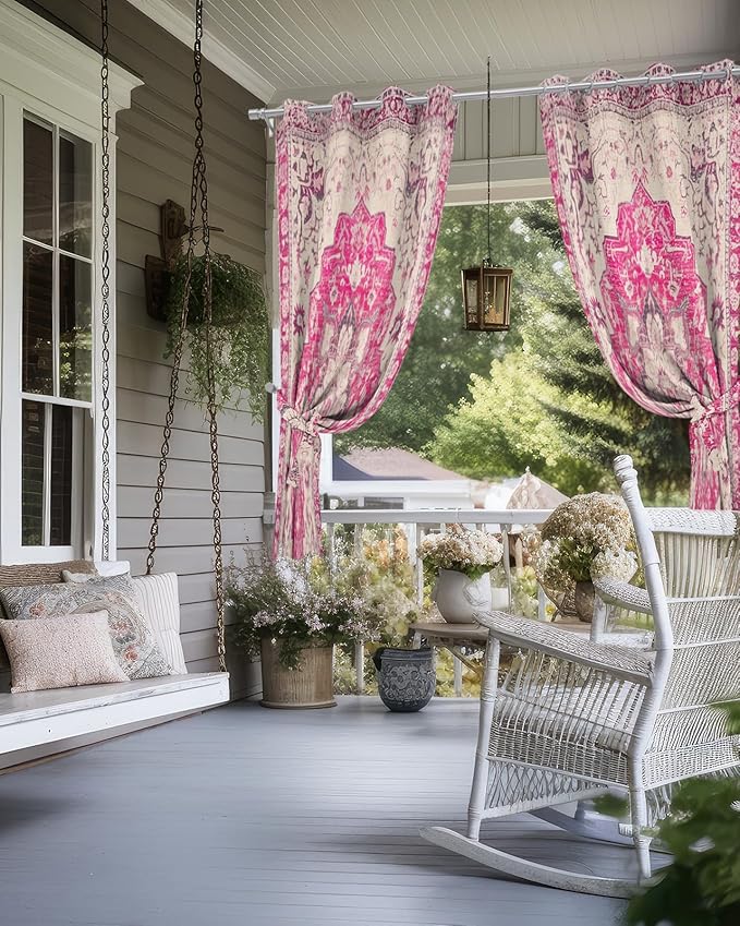 Pink Bohemian Outdoor Curtains for Patio Waterproof, Grommet Privacy Curtain Drapes Weatherproof Outside Curtains for Porch GazeboPergola Cabana 2 Panel 54x84inch Medallion Floral Geometric Printed