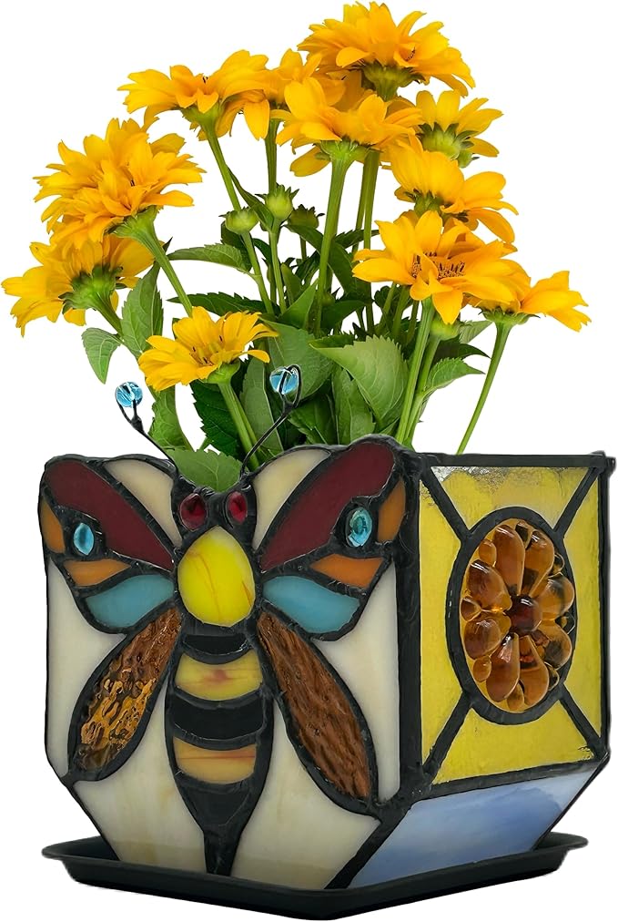 Stained Glass Bee Planter, Plant Pots with Drainage,Cute Flower Pots,Bee Gifts for Women4.6x3x5.15 Inches
