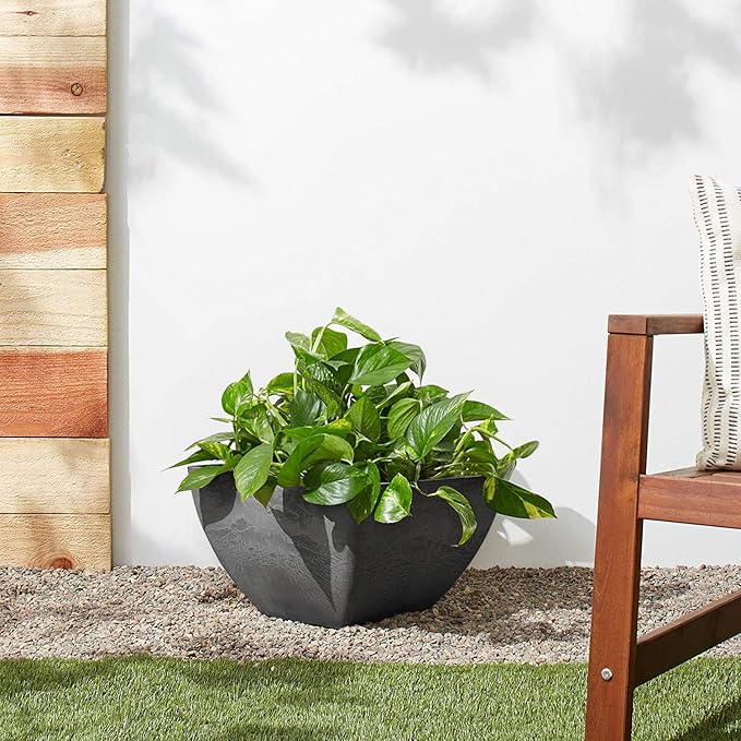 PSW Pot Collection 12x6 inch Plastic/Stone/Wood Composite Square Planter – No Drainage Hole (Drillable), Modern Indoor/Outer Pot for Flowers, Foliage, Succulents, Fairy Gardens, Dark Charcoal