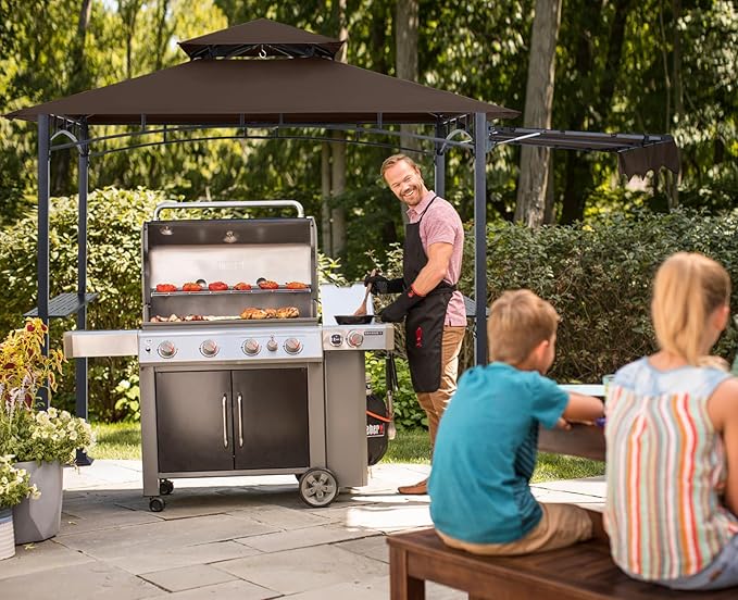 ABCCANOPY Grill Gazebo with Extra Awning - 11x5 Outdoor BBQ Canopy Shelter with 2 Led Lights for Patio Backyard Grilling (Coffee)