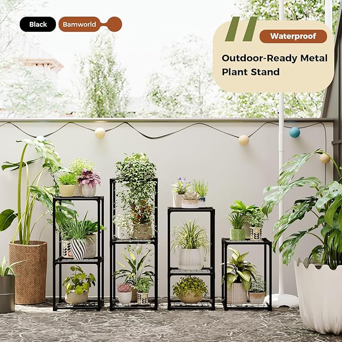 Bamworld Plant Stands Indoor 4 Sets Plant Shelves Outdoor Metal Plant Holder for Multiple Plants Flower Stands Window