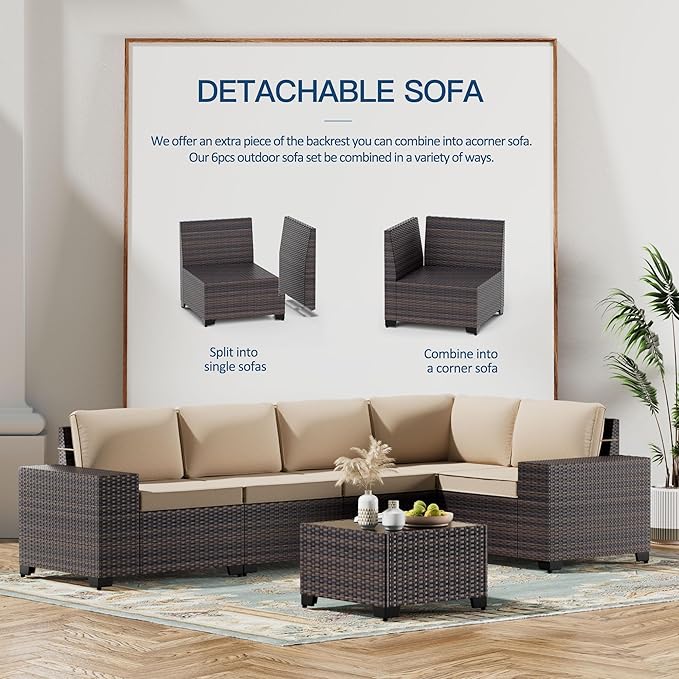 Kullavik 6PCS Outdoor Patio Furniture Set PE Wicker Rattan Sectional Sofa Patio Conversation Sets,Khaki