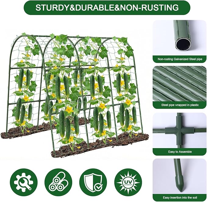 Cucumber Trellis for Raised Bed, 63"x47"x22" Garden Trellis for Climbing Plants Outdoor with Climbing Net and Plant Support Clip for Cucumber, Vegetable, Flowers