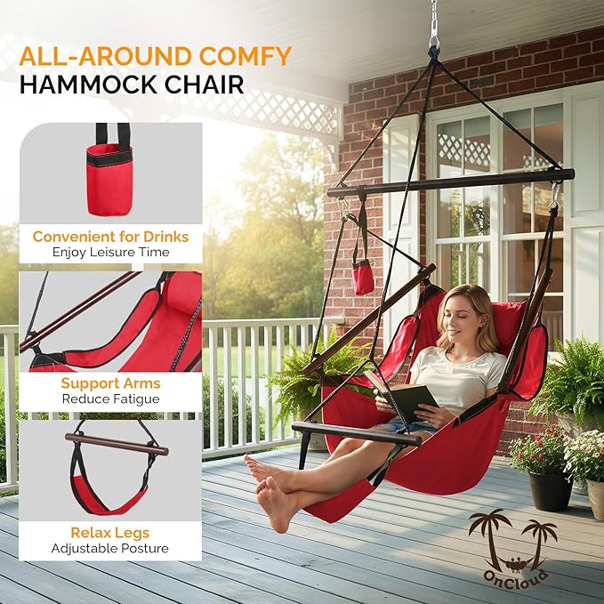 ONCLOUD Upgraded Unique Hammock Hanging Sky Chair, Air Deluxe Swing Seat with Rope (Red)