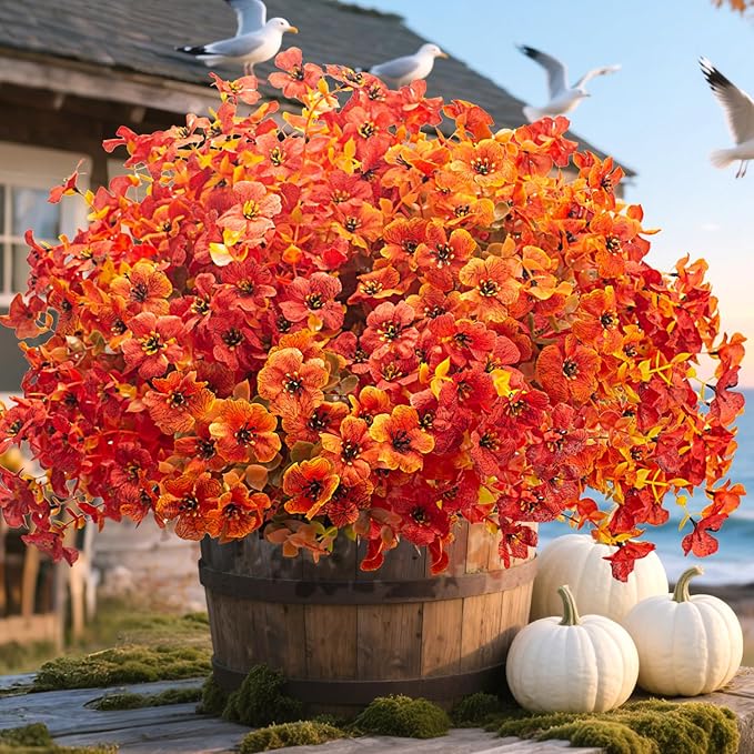 20 Bundles UV Resistant Artificial Fall Flowers Outdoor - Fake Autumn Plants for Thanksgiving Porch, Pumpkin Decor | All-Weather Faux Eucalyptus & Daisy (Fall Mix)
