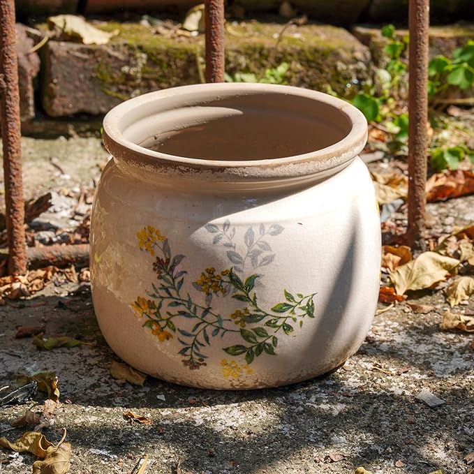 Vintage Ceramic Ice Crack Flower Pot with Drainage Holes, Country Rustic Planters for Indoor and Outdoor,Tuscan Decor,Home,Living Room, Garden Decor, Gardening Gift (English)