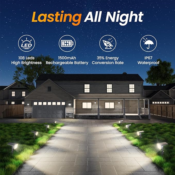 Fabrito Solar Spot Lights Outdoor 4 Pack, [108Leds, 4 Modes] Auto On/Off Spotlights, IP67 Waterproof Landscape Lights for Tree, Yard, Patio, Pool, Pathway, Driveway, Cool White