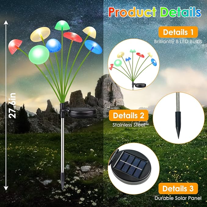 4PK 32LED Solar Garden Lights Outdoor, Mushroom Solar Lights Outdoor, IP65 Waterproof Firefly Light Outside Decor for Patio Pathway, Sway by Wind for Pathway Garden Mushroom Decorations, Multicolor