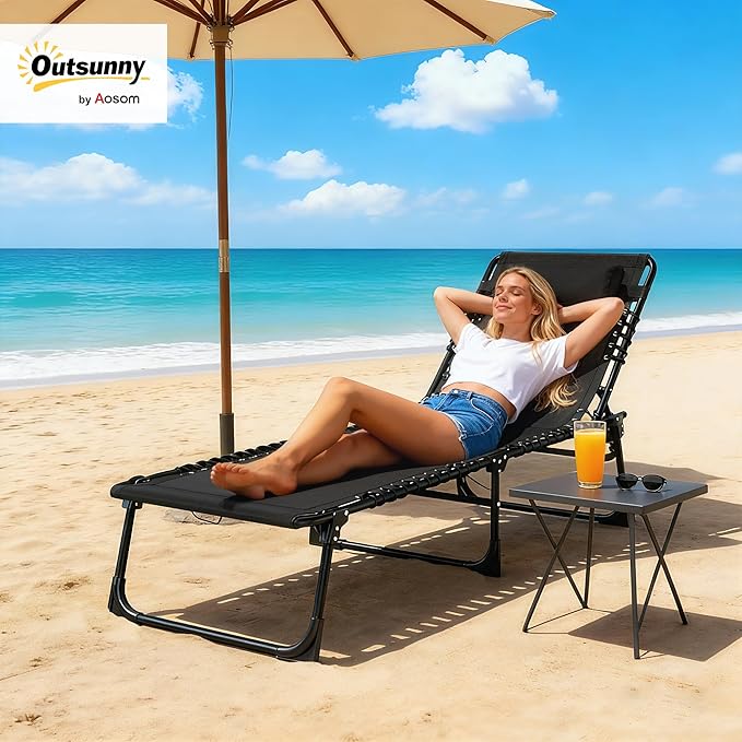 Outsunny Folding Chaise Lounge Chair, Patio Sun Tanning Chair, Outdoor Chaise Lounger with 4-Position Reclining Back, Breathable Mesh Seat for Beach, Poolside, Yard, Black