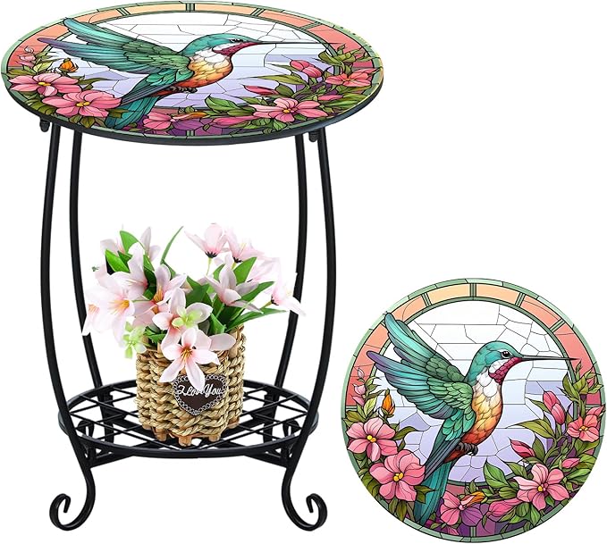 Outdoor Side Table Round Small Mosaic Patio Accent Indoor End Plant Coffee Tea Table for Yard Patio Porch Garden Living Room, Bedroom(Hummingbird Style,18 Inch)