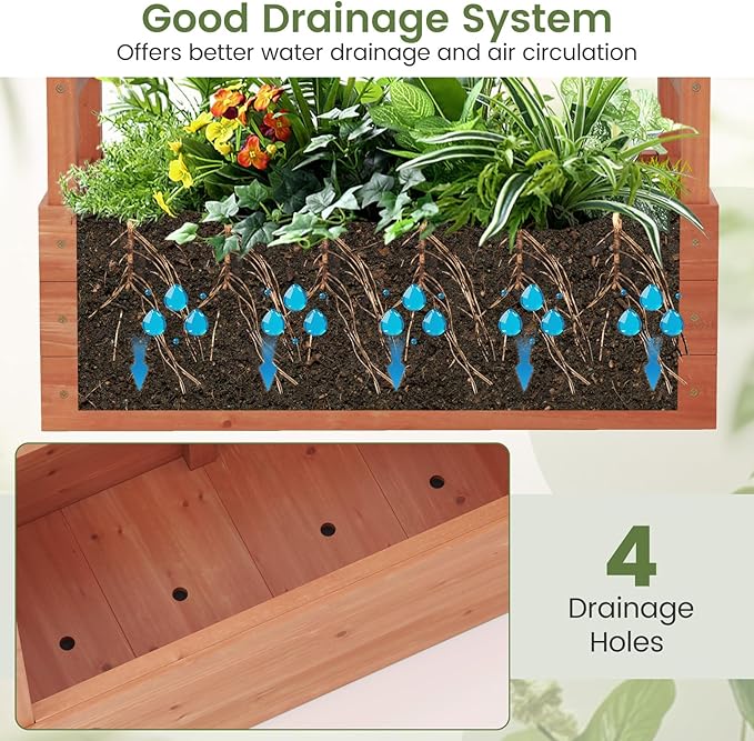 Giantex Set of 2 Raised Garden Bed with 2-Sided Trellis & Hanging Roof, Fir Wood Planter Box w/Drainage Holes, Freestanding Garden Planter for Flowers Herbs Climbing Vines (43"x15"x45")