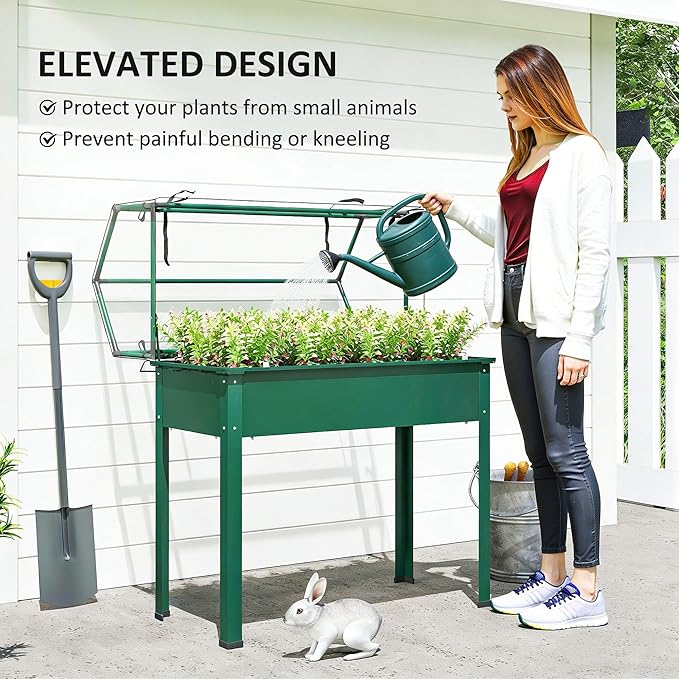 Outsunny Raised Garden Bed with Greenhouse Cover, Elevated Planter Box with Legs and Drainage Hole for Vegetables Flowers Herbs, 39.4" x 18.9" x 48.8", Green
