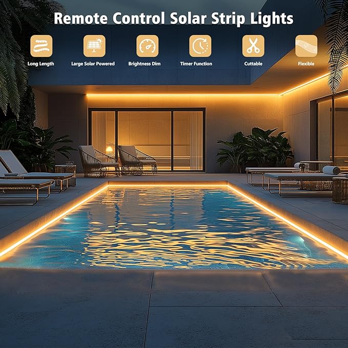 DBFAIRY 50Ft Solar LED Strip Lights Outdoor, Large Capacity Solar Powered Light Strip Auto On/Off with Remote Timer 8 Lighting Modes for Pathway Patio Pool Camping Decor, 2700K Warm White