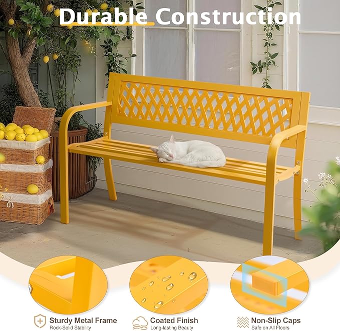 VINGLI 47'' Outdoor Bench, Weather Resistant Garden Patio Bench Powder Coated Iron Frame w/PVC Mesh Backrest Slatted Seat, 2-Person Outdoor Furniture for Front Porch Entryway Park (Yellow)
