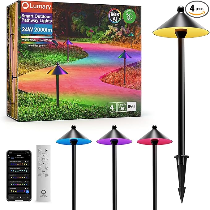 Lumary Smart Low Voltage Pathway Lights 24V 2000LM, Landscape Path Lights with RGBAI Color Changing, App/Remote Control, IP65 Waterproof Walkway Lights for Yard Driveway Garden, 4 Pack, Black Aluminum