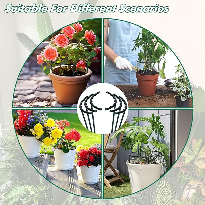 Mwellewm 10 Pack Plant Support Plant Stakes Metal Half Round Search Support Ring Small Plastic Cage Holder Short Stem Flower Pot Climbing Trellis for House Flower Vegetable Indoor Leafy(5.7 x 9.8inch)