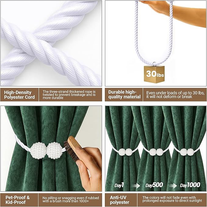 Hion Magnetic Curtain Tiebacks White 2pcs, Curtain Tiebacks Buckles Holdbacks Holders Hooks Clip for Home Bedroom Office Decorative Curtain