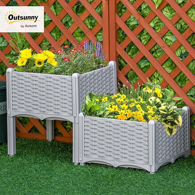 Outsunny 2 Piece Raised Garden Bed with Legs, Planter Box Raised Bed to Grow Flowers, Herbs & Vegetables, Gray