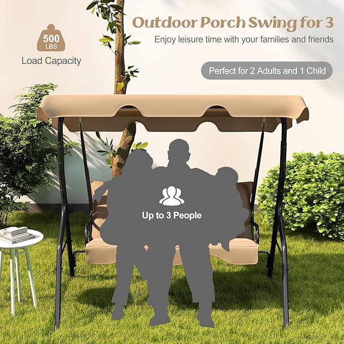 Tangkula 3 Person Porch Swing, Patio Swing with Removable Cushion & Powder-Coated Steel Frame, Outdoor Swing with Canopy for Porch, Backyard, Garden, Balcony (Beige)