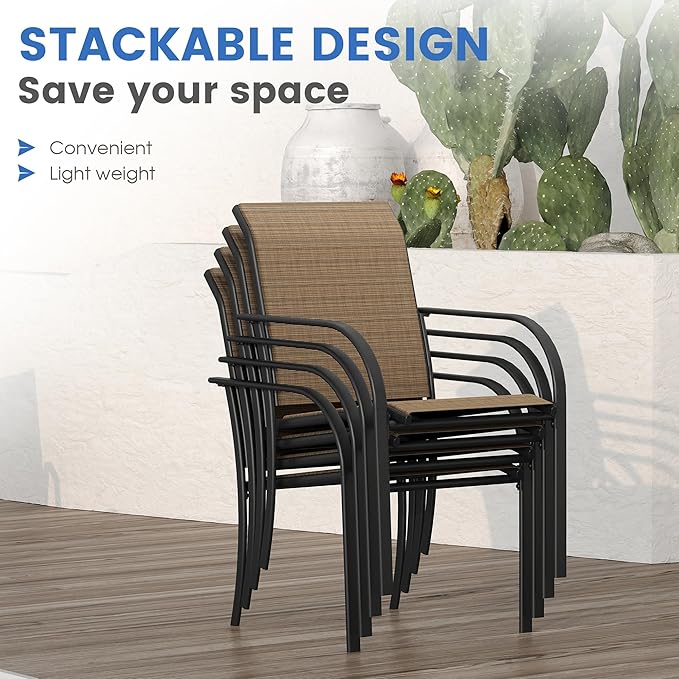 VICLLAX 5 Pieces Patio Dining Set, Outdoor Furniture Set Includes 1 Square Outdoor Table and 4 Stackable Patio Sling Chairs, Black Tabletop and Brown Fabric