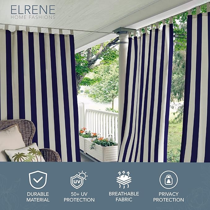 Elrene Home Fashions Highland Stripe Indoor/Outdoor Curtain Panel, 50 inches X 84 inches, Navy
