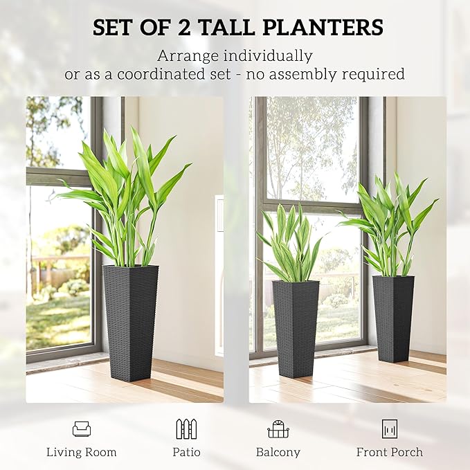 Outsunny 23.6 Inch Tall Planters for Outdoor Plants, Set of 2 Plastic Rattan-Like Flower Pots with Drainage Holes, Stackable Tapered Planters for Indoor Plants, Front Porch, Black
