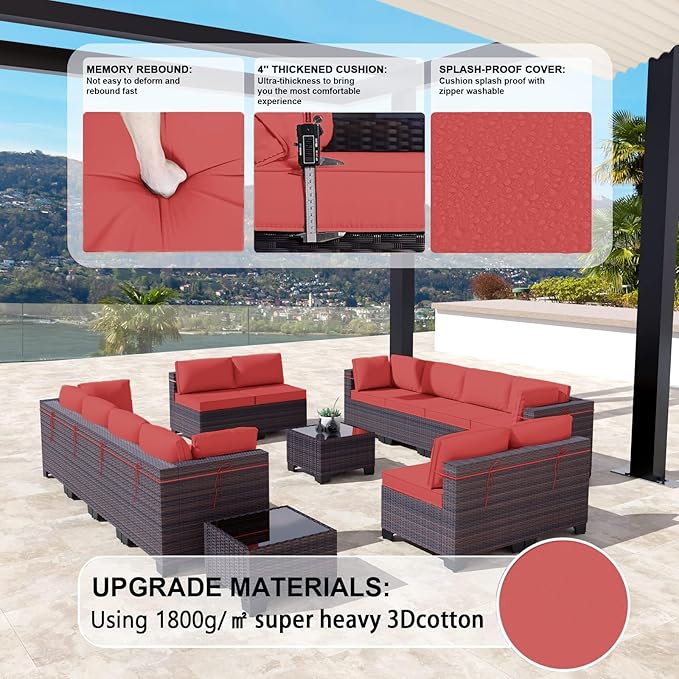 Kullavik 14 Pieces Outdoor Patio Furniture Set PE Wicker Rattan Sectional Sofa Patio Conversation Sets,Red