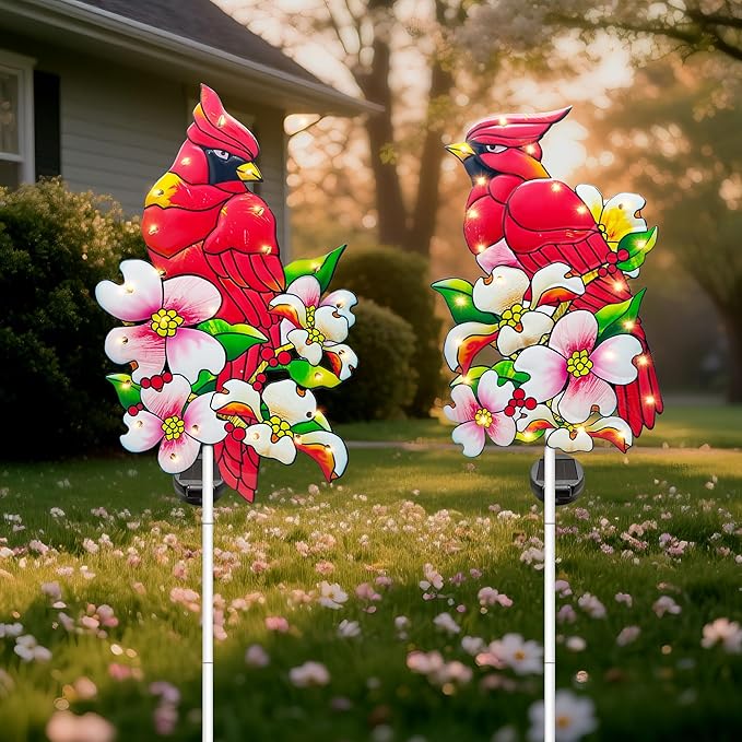 Hexagram Cardinal Garden Decor Yard Stakes, Lighted Metal Red Bird Garden Stakes Set of 2, Cardinal Solar Lights Outdoor Decor, Red Bird Yard Signs for Outside Pathway Lawn Porch Patio