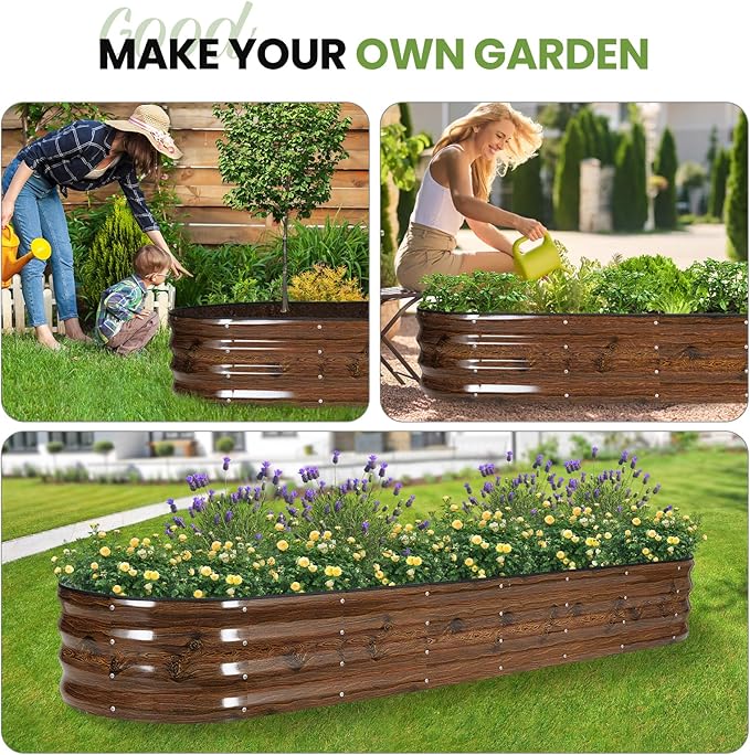 G GOOD GAIN Raised Garden Beds - 8x2x1ft Galvanized Planter Boxes Kit with Protective Tape & Gloves & Tools | Oval Metal Outdoor Raised Bed for Gardening Vegetables, Fruits, Flowers, Herbs, Grain