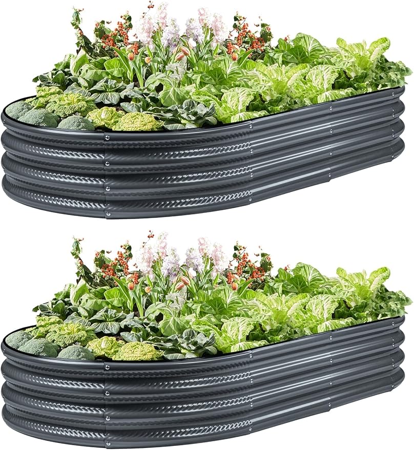 2 Pack Raised Garden Bed Kits, 4x2x1FT Gray Oval Galvanized Outdoor Planter Beds, Easy Assembly Metal Raised Bed for Vegetables, Flowers & Herbs