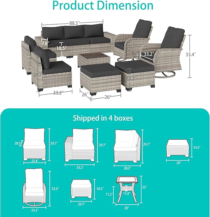 11-Piece Outdoor Patio Furniture Set with Rocking Swivel Chair Wicker Sectional Sofa Set, Patio Conversation Set with Ottomans & Coffee Table for Garden, Backyard, Poolside, Dark Grey