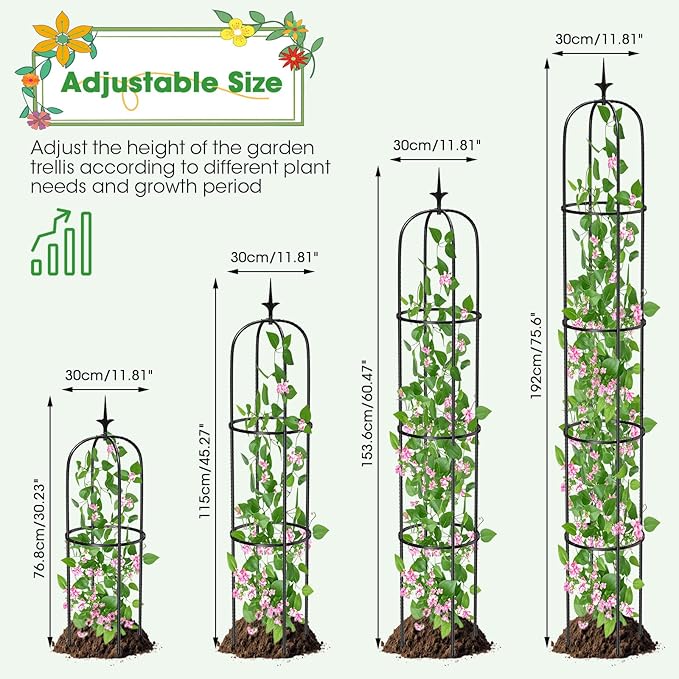 Tower Obelisk Garden Trellis for Climbing Plant，6.3FT/75.6" Rustproof Metal Potted Plant Climbing Support for Indoor Outdoor Flowers Vegetable Fruits Vines Support (1PCS)