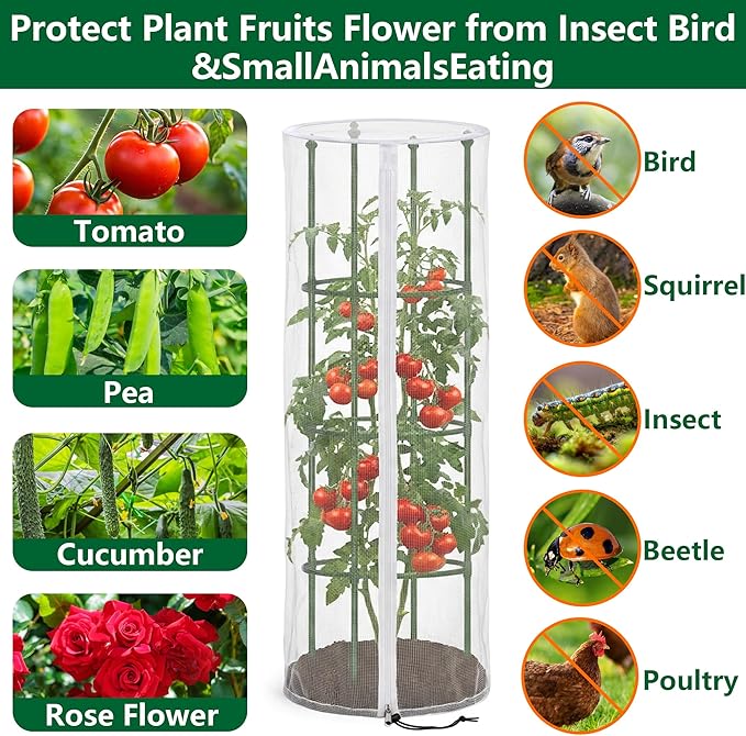 4 Pcs Garden Bird Netting Cover for Round Tomato Cage, 59" x 18" Tomato Trellis Insect Barrier Protection Mesh, Plant Cage Garden Net Cover with Zipper for Vertical Climbing Plants Vegetables Fruits
