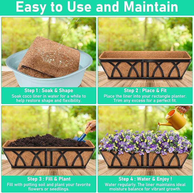 Riare 4 Pack 36 Inch Rectangle Coconut Liners for Planters, Natural Coconut Fiber Planter Liners, Window Box Liner Trough Coco Liner for Outdoor Flower, Garden Wall, Deck & Fence Planter Boxes