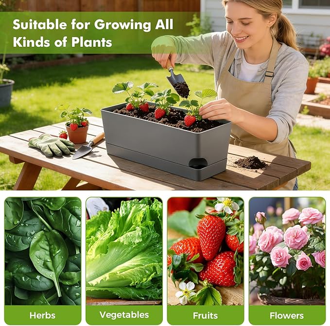 4 Pack Self Watering Pots for Indoor Plants 17 Inches Window Boxes Planters Rectangular Flower Pots Rectangle Herb Pots Large Plant Pots with Drainage Holes and Saucers Windowsill Planter, Grey
