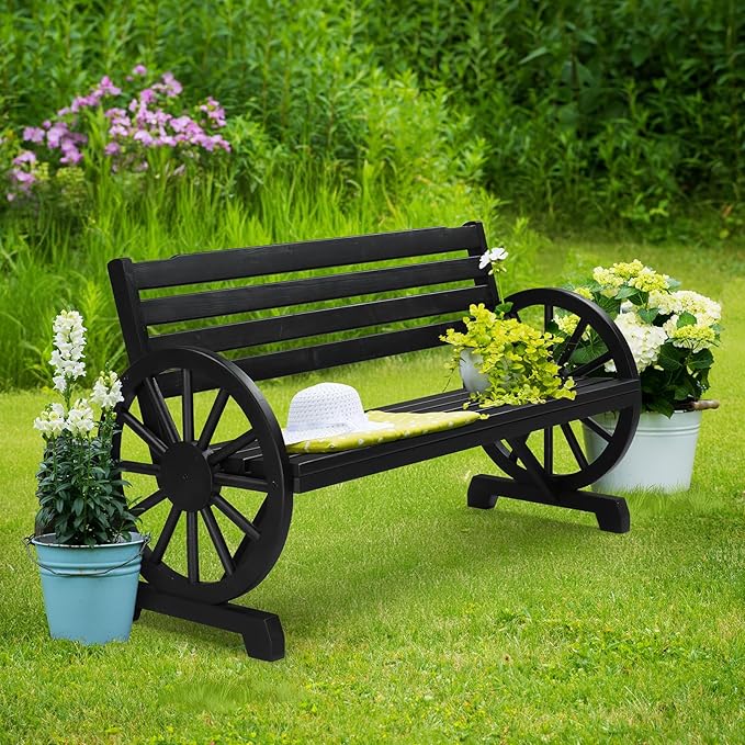 VINGLI Rustic Wooden Wheel Bench Outdoor Bench, Patio Bench Wagon Slatted Seat, Garden Benches for Outdoors 350lbs High Capacity, Weather Resistance (Black, 55in)