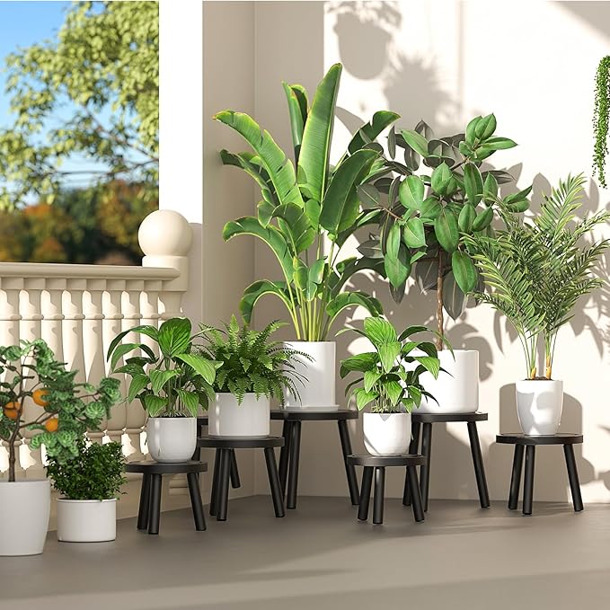 3-Pack Wood Plant Stands Indoor, Single Plant Stand for 6-12 Inch Pots, Mid-Century Modern Plant Stool, Tall Plant Stand for Large Plants for Living Room, Balcony, Office (Black)