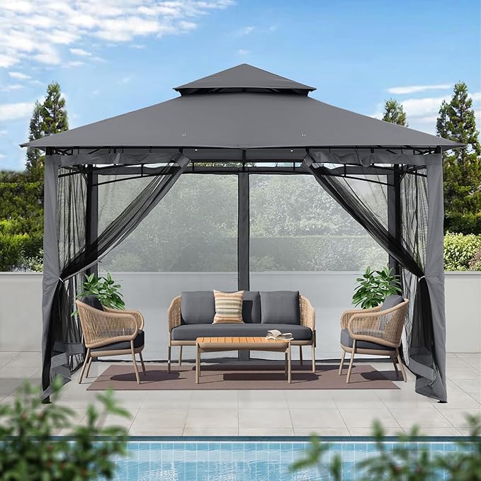MASTERCANOPY Outdoor Garden Gazebo for Patios with Stable Steel Frame and Netting Walls (9x9,Dark Gray)
