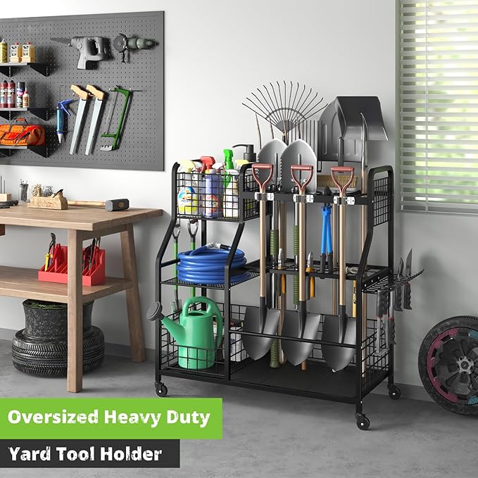 keomaisyto Garden Tool Organizer with Heavy Duty Wheels for Garage - with 2 Baskets, Large Yard Tool Organizer and Storage Holder, Utility Garden Tool Rack for/Shed/Garage/Yard/Basement/Lawn