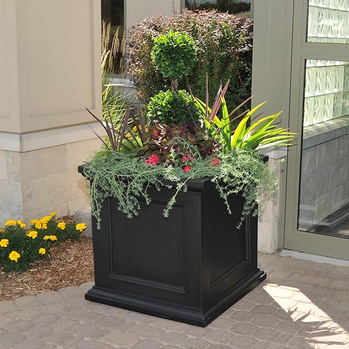 Mayne Fairfield 28-Inch Square Planter – Weather-Resistant Planter for Flowers – Durable Indoor/Outdoor Design for Commerical, Patio, Porch, or Entryway, Black