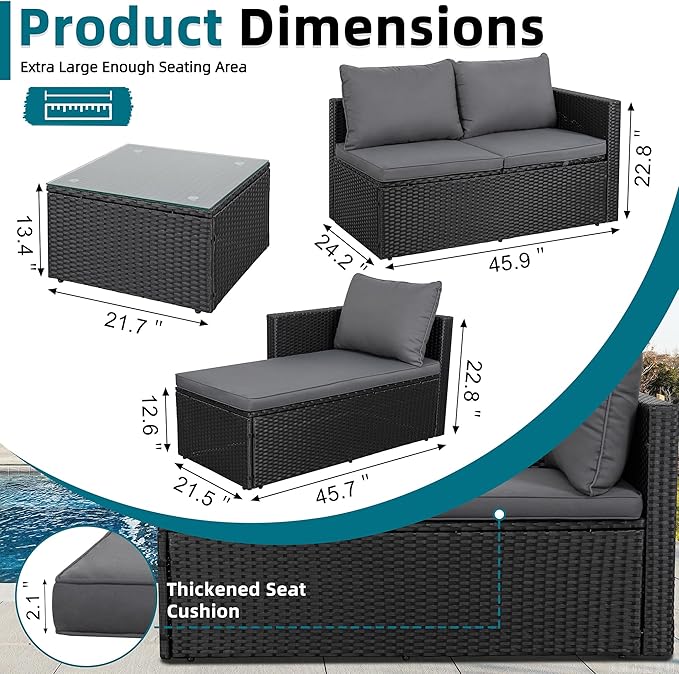 3-Piece Outdoor Patio Sectional Sofa Set with Glass Coffee Table & Ottoman — All-Weather PE Rattan Conversation Furniture, Black Rattan & Grey Cushions, Perfect for Garden, Backyard, Deck, Grey