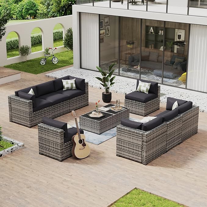 Aoxun 10 Piece Patio Furniture Set Wicker Rattan Patio Conversation Set Outdoor Sectional Sofa Set with Coffee Table and Thickened Cushions, Gray/Black(Waterproof Cover Included)
