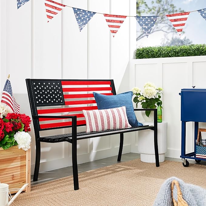 Best Choice Products Outdoor Bench 2-Person Steel Indoor/Outdoor Bench for Garden, Patio, Porch, Entryway w/American Flag, 790lb Capacity – Black/Red