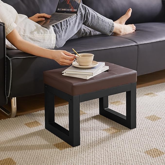 IBUYKE 16 Inch Small Foot Stool Ottoman, Rectangle PU Faux Leather Foot Rest with Padded Seat and Metal Legs, Modern Ottoman Foot Rest for Living Room Bedroom Entryway Couch, Deep Coffee WBD026K