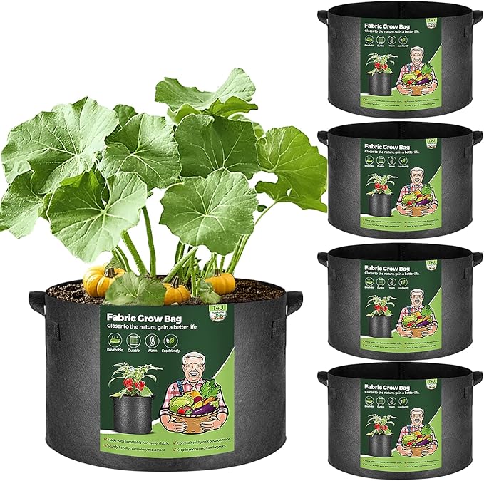 T4U 25 Gallon Grow Bags, Upgrade Grow Bags with Handles, Heavy Duty Thickened Nonwoven Fabric Pots, 25 Gallon Pots for Plants, Pumpkin, Butternut Squash, Grape (5 Pack 25 Gal)