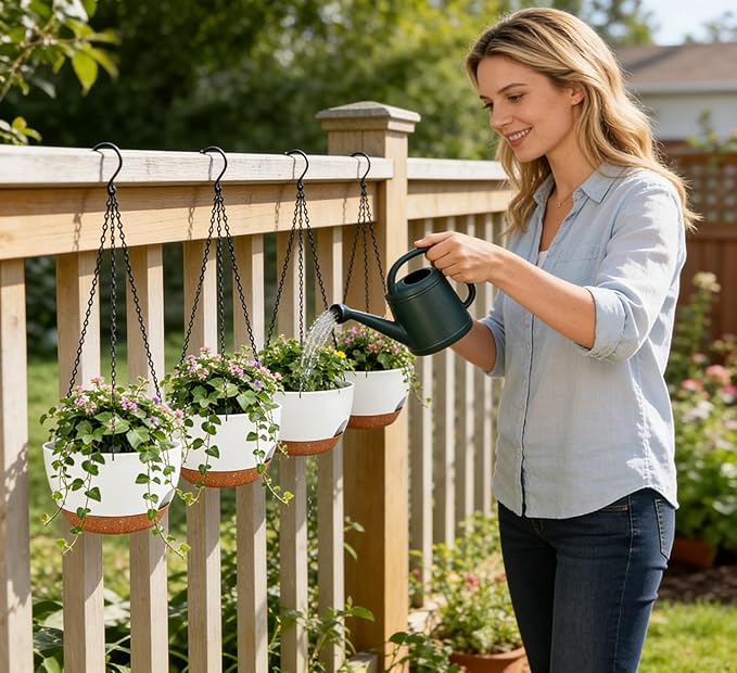 Set of 2-8 Inch Self Watering Hanging Planters for Indoor Outdoor，Hanging Plant Pots with Drainage & Removable Tray, Hanging Pots Holder for Ivy, Pothos, Ferns, Balcony & Patio, White Brown
