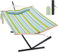 Two Person Hammock with Stand for Outside Heavy Duty, Outdoor Patio Hammock with Portable Steel Stand, Large Double Hammocks,480lbs Capacity.(Light Blue Stripes)